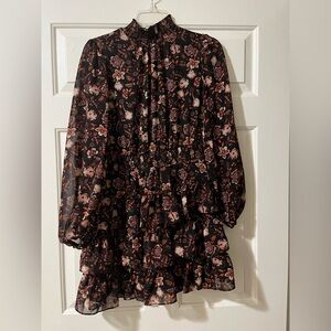 Express Floral Print Smocked Mock Neck Tiered Ruffle Dress